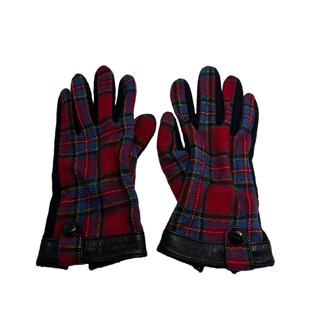 Lauren Ralph Lauren Plaid Gloves Wool Cashmere Blend Black Leather Trim Tartan